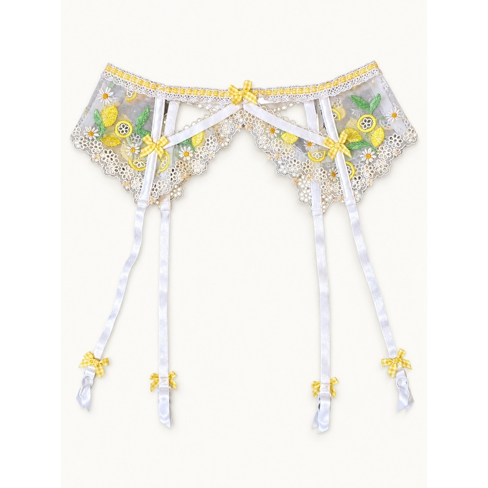 For Love & Lemons Lemon Daisy Garter Belt XS Yellow Gingham Embroidered Coquette